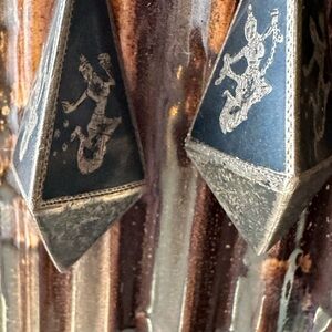 Niello Enamel Black & Etched Sterling Silver and Geometric Design Hook Earrings